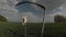 Old rusty scythe on  field, horse skull  and clouds motion, time lapse