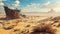 Old and rusty shipwreck sitting in the middle of desert, post apocalyptic scene.