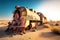 An old rusty steam locomotive parked in the desert