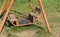 Old rusty swing on the grass. empty swings, the concept of kidnapping