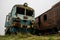 Old rusty trains. Old abandoned track, siding with dirty old trains.