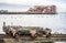 An old rusty trolley stands on the rails of the Pacific Ocean in Astoria