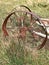 Old and rusty Wagon Wheels in Grassland