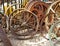 Old rusty wheels on display