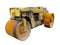 Old rusty yellow road roller isolated over white