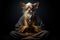 Old sage chihuahua dog in monk attire in meditation pose. Black background. Doggy guru meditates, achieving nirvana