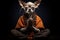 Old sage chihuahua dog in monk attire in meditation pose. Black background. A doggy guru meditates, achieving nirvana