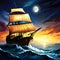 Old sail ship braving the waves of a wild stormy sea at night