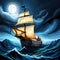 Old sail ship braving the waves of a wild stormy sea at night