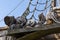 Old sailing wooden blocks and rigging