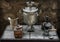 Old samovar, coffee grinder, oil lamp, coffee maker