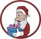 Old Santa Brings Gift In Circle Color Illustration