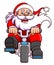 The old santa claus with the long beard is riding the bicycle very fast