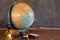 Old School Desk with World Globe,Bells and Blackboard Eraser Brush