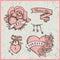 Old school vector graphic set with hearts, roses and ribbons.