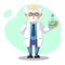 Old scientist with flask, potion, mixture. Funny character. Cartoon vector illustration. Mad professor. Science