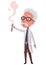 Old scientist holding chemical flask. Funny moustached character wearing glasses and lab coat. Discovery in science