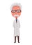 Old scientist holds hands behind his back. Funny moustached character wearing glasses and lab coat. Discovery in science