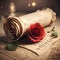 An old scroll of paper with a beautiful red rose.