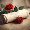 An old scroll of paper with a beautiful red rose.
