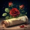 An old scroll of paper with a beautiful red rose.