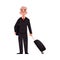 Old, senior man in black suit with suitcase in airport