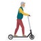 Old senior man on electric scooter flat vector illustration. Male pensioner cartoon character riding ecologically clean