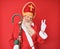 Old senior man with grey hair and long beard wearing traditional saint nicholas costume smiling looking to the camera showing