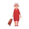 Old, senior woman in red dress with suitcase in airport