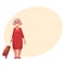 Old, senior woman in red dress with suitcase in airport