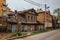 Old shabby abandoned wooden house with carved windows in old Astrakhan street