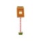 Old shabby mailbox hanging on striped pole. Mailbox standing on piece of green grass. Cartoon flat vector design for web