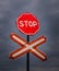 Old shabby red road sign