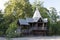 Old shabby wooden buildings in a fairy style in the Kaliningrad zoo, Russia