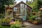 an old shed with a new greenhouse attached, bursting with colorful blooms