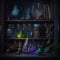 An old shelf with magic objects, potions and some magical books on it. Created with Generative AI