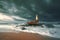 An old ship stranded on the beach next to the old lighthouse for storms. Ai generated