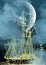 Old ship wallpaper .Sailing ship on ocean under moon light with mystic cloud & crescent moon