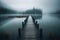 Old, short wooden pier stretching out over a lake with forest in bacground created by generative AI