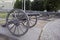 Old single barrel wheeled iron cannons of russian army of 19th century