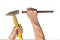 Old Sledge Hammer and tip Chisel in overworked male hands