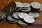 Old Soviet metal coins. Macro  shallow depth of field.