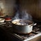 Old Soviet style kitchen. Cooking food on an old gas stove