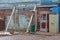 Old soviet telephone booth, soda water machine and gas heater for patio