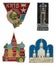 Old Soviet towns geographic icon set. Kiev town hero. Lenin order medal. Khatyn memorial. Moscow city. Kiev-Pechersk lavra.