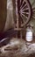 Old spinning wheel, oil lamp,boot