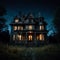 Old spooky abandoned villa house in dark night as horror scene establishing shot