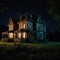 Old spooky abandoned villa house in dark night as horror scene establishing shot