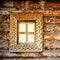Old square wooden window. Detail of facade vintage rustic house.