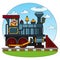 The old steam locomotive. Railway transport. Game background